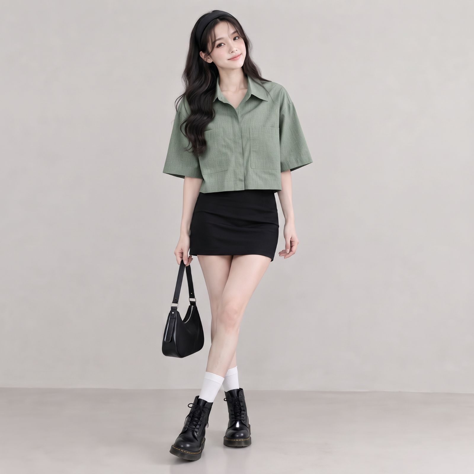 KEMEJA CROP LINEN | OVERSIZE CROP SHIRT LINEN BY YOUNIQ SAGE