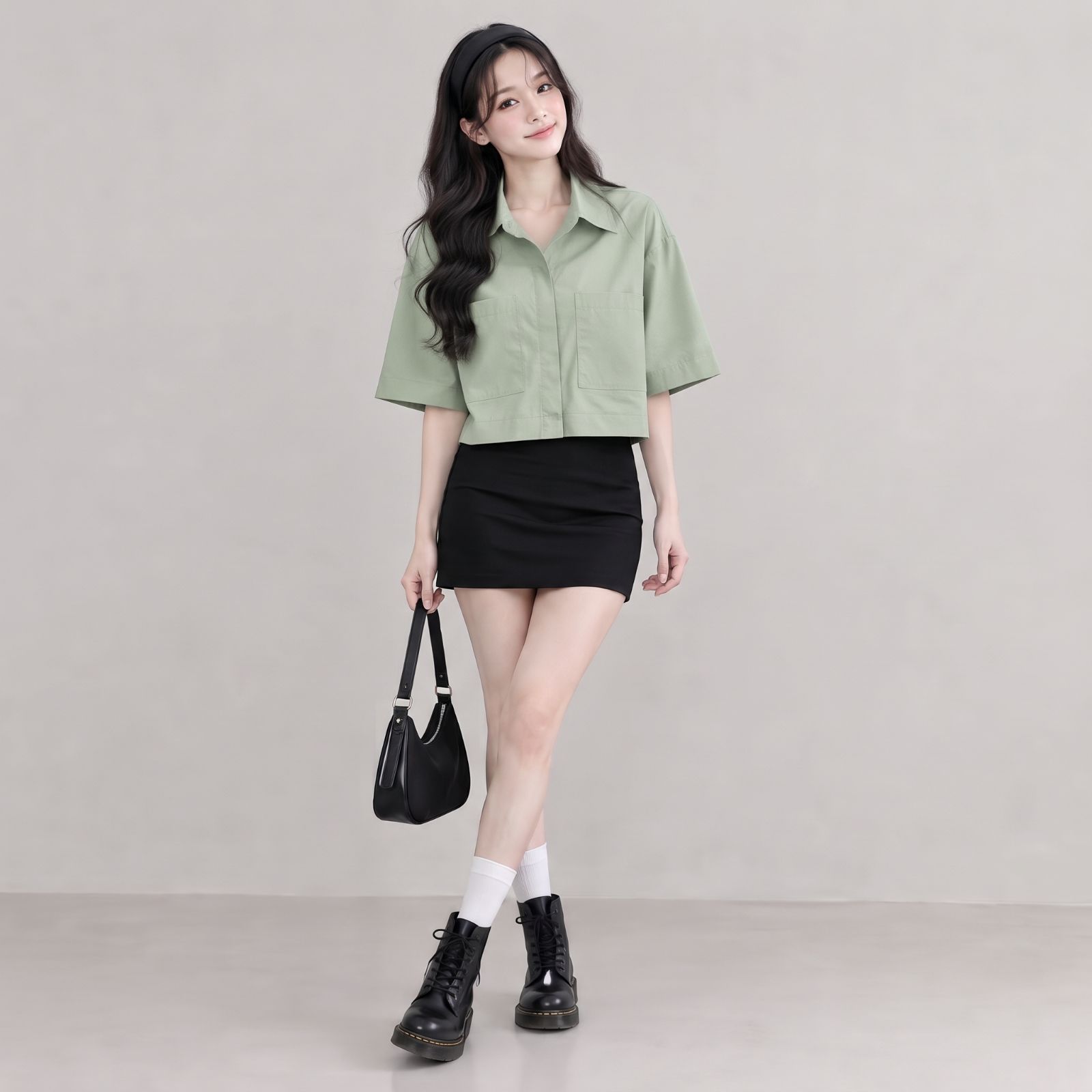 KEMEJA CROP LINEN | OVERSIZE CROP SHIRT LINEN BY YOUNIQ MINT