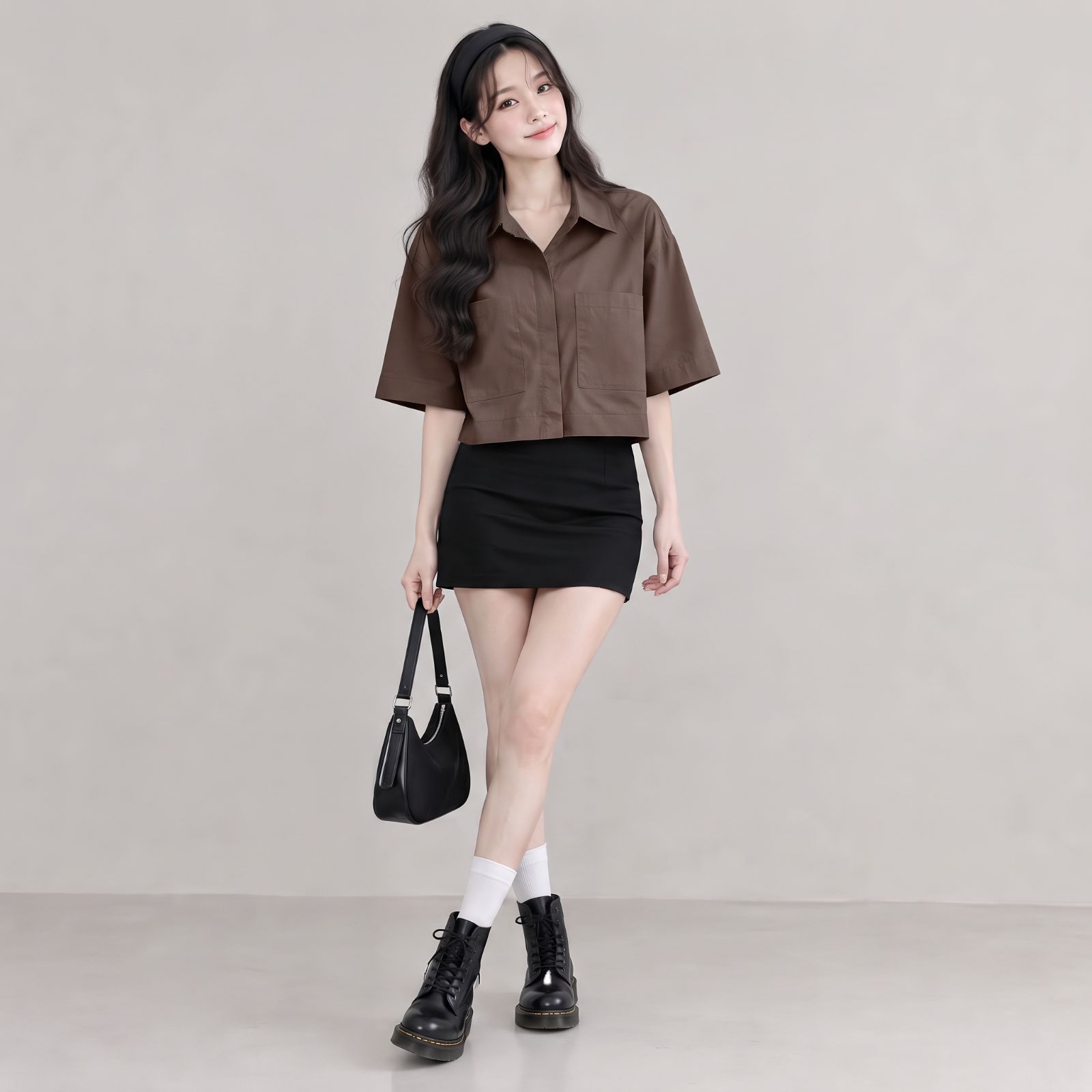 KEMEJA CROP LINEN | OVERSIZE CROP SHIRT LINEN BY YOUNIQ LATTE