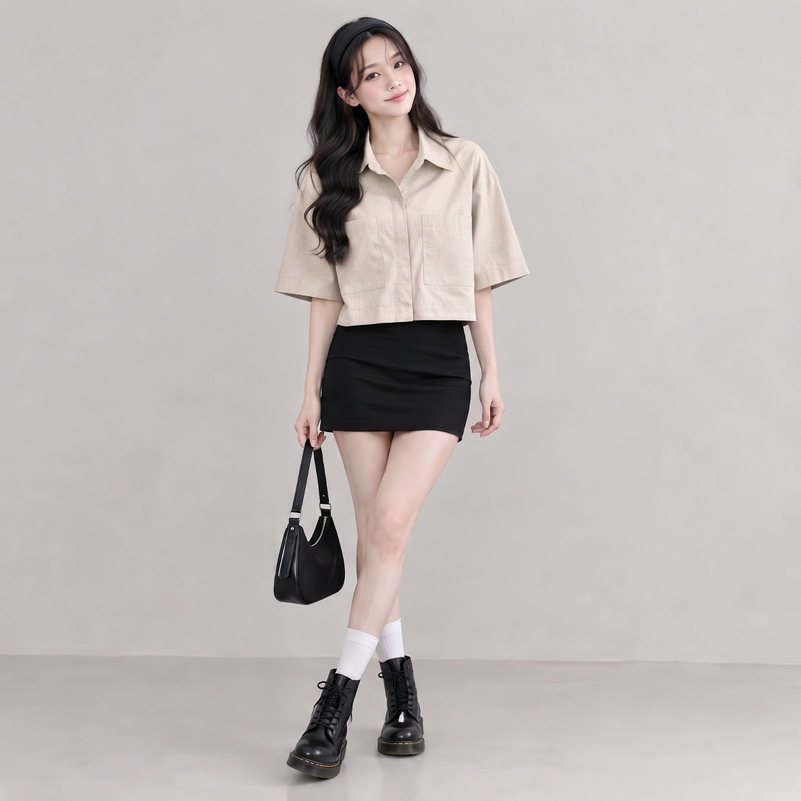 KEMEJA CROP LINEN | OVERSIZE CROP SHIRT LINEN BY YOUNIQ BEIGE