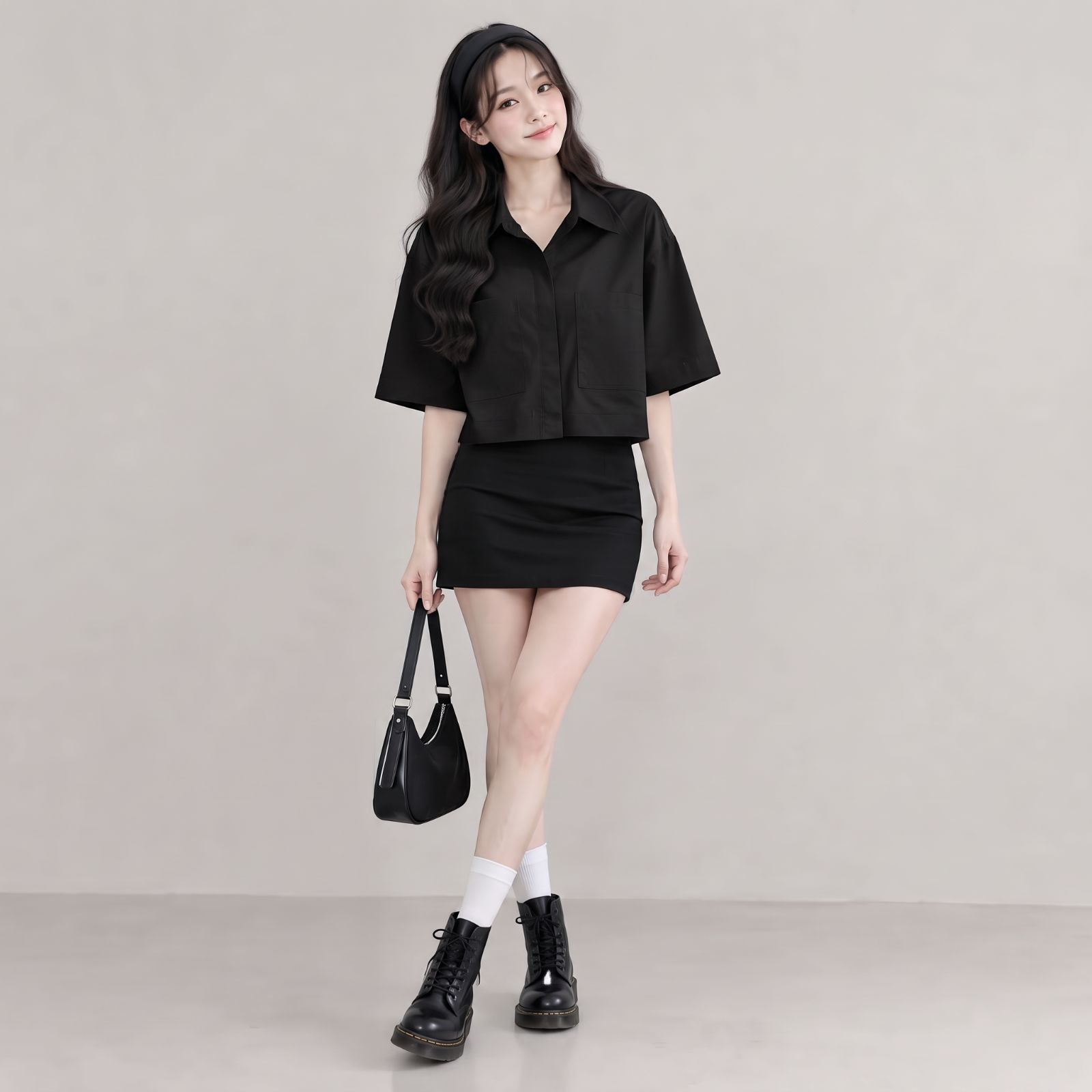 KEMEJA CROP LINEN | OVERSIZE CROP SHIRT LINEN BY YOUNIQ BLACK