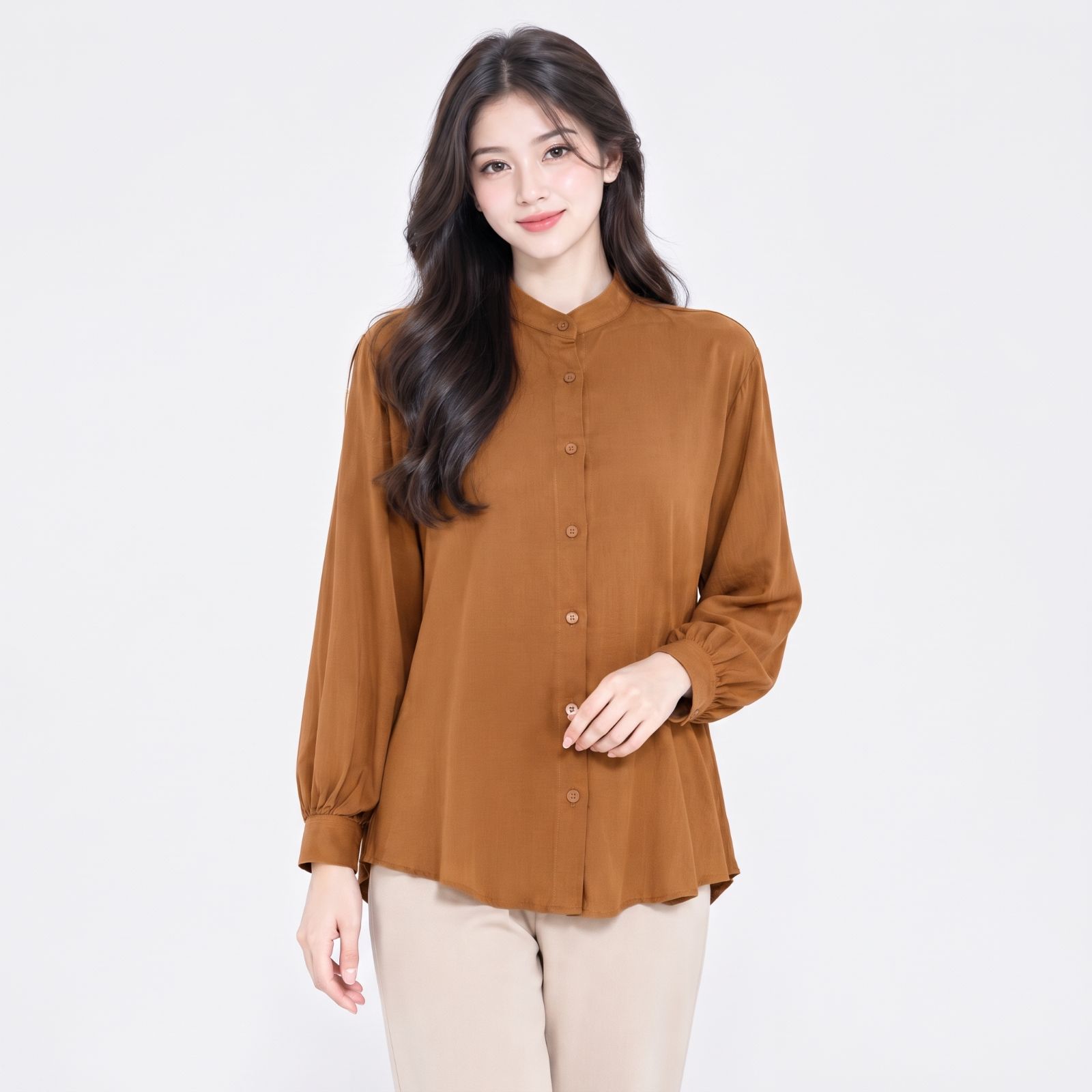 Renata O-Neck Blouse Balloon Sleeve | YOUNIQ.ID BROWN