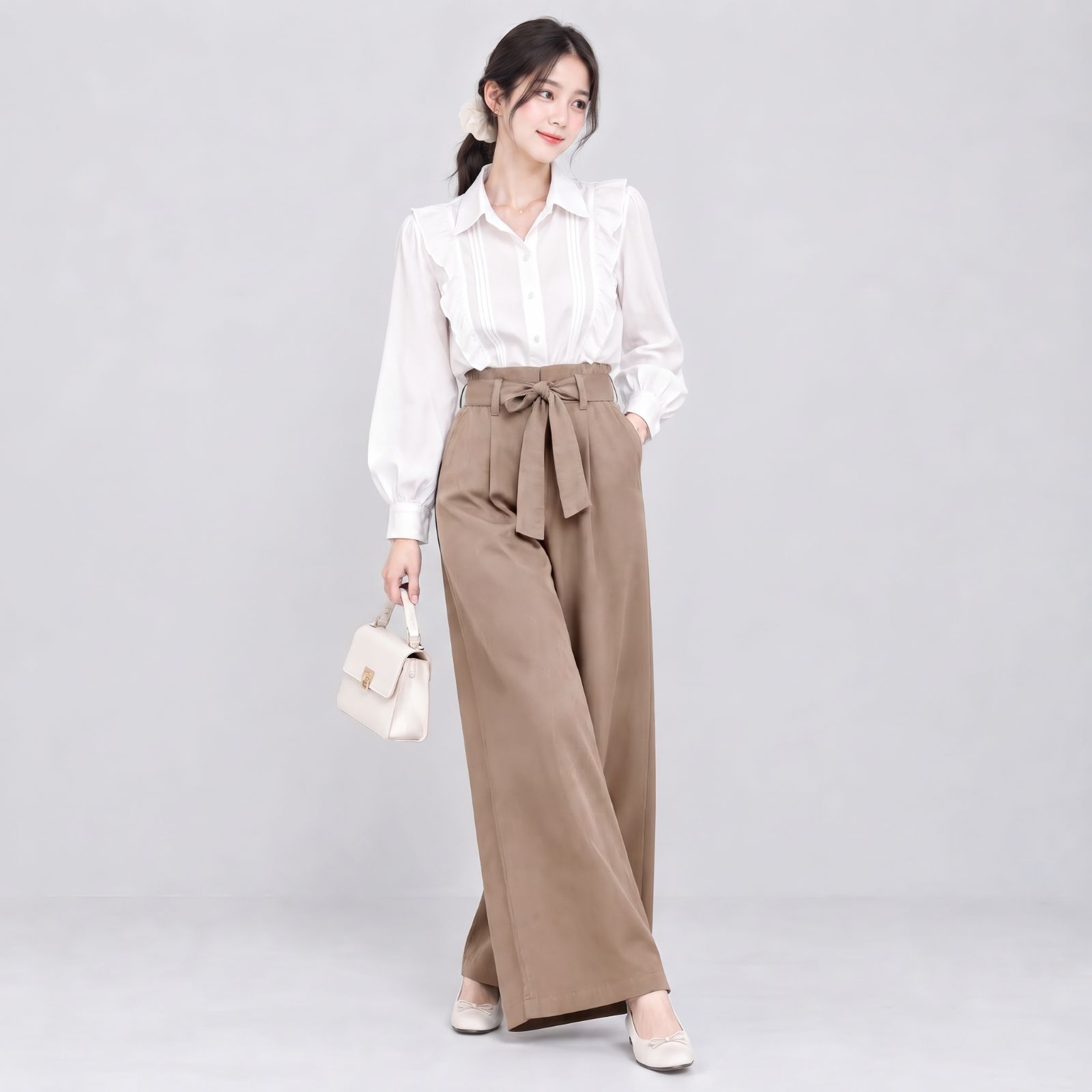 Chelsea Linen Cullote Pants Highwaist Ribon - Kulot Linen Tali LATTE