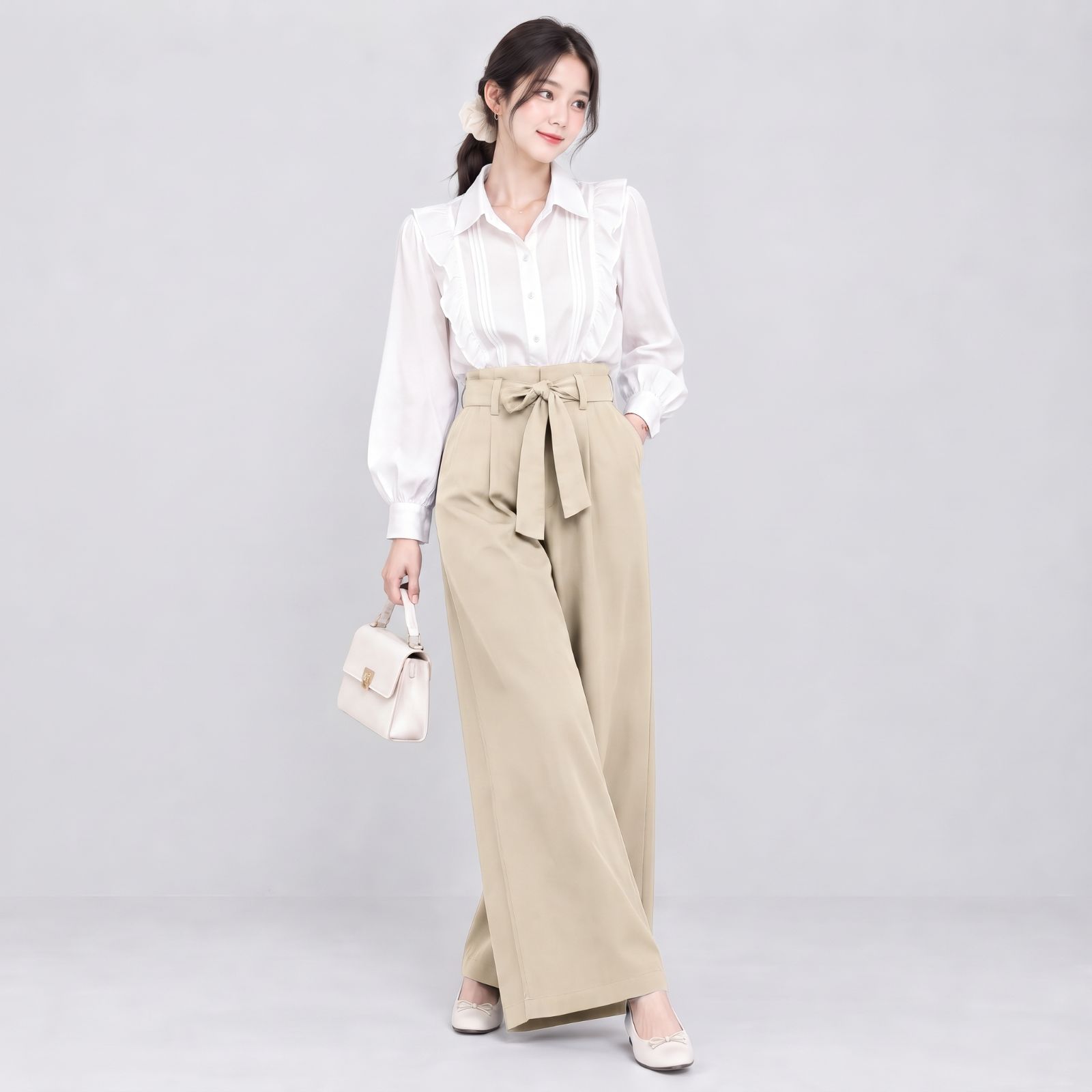 Chelsea Linen Cullote Pants Highwaist Ribon - Kulot Linen Tali BEIGE