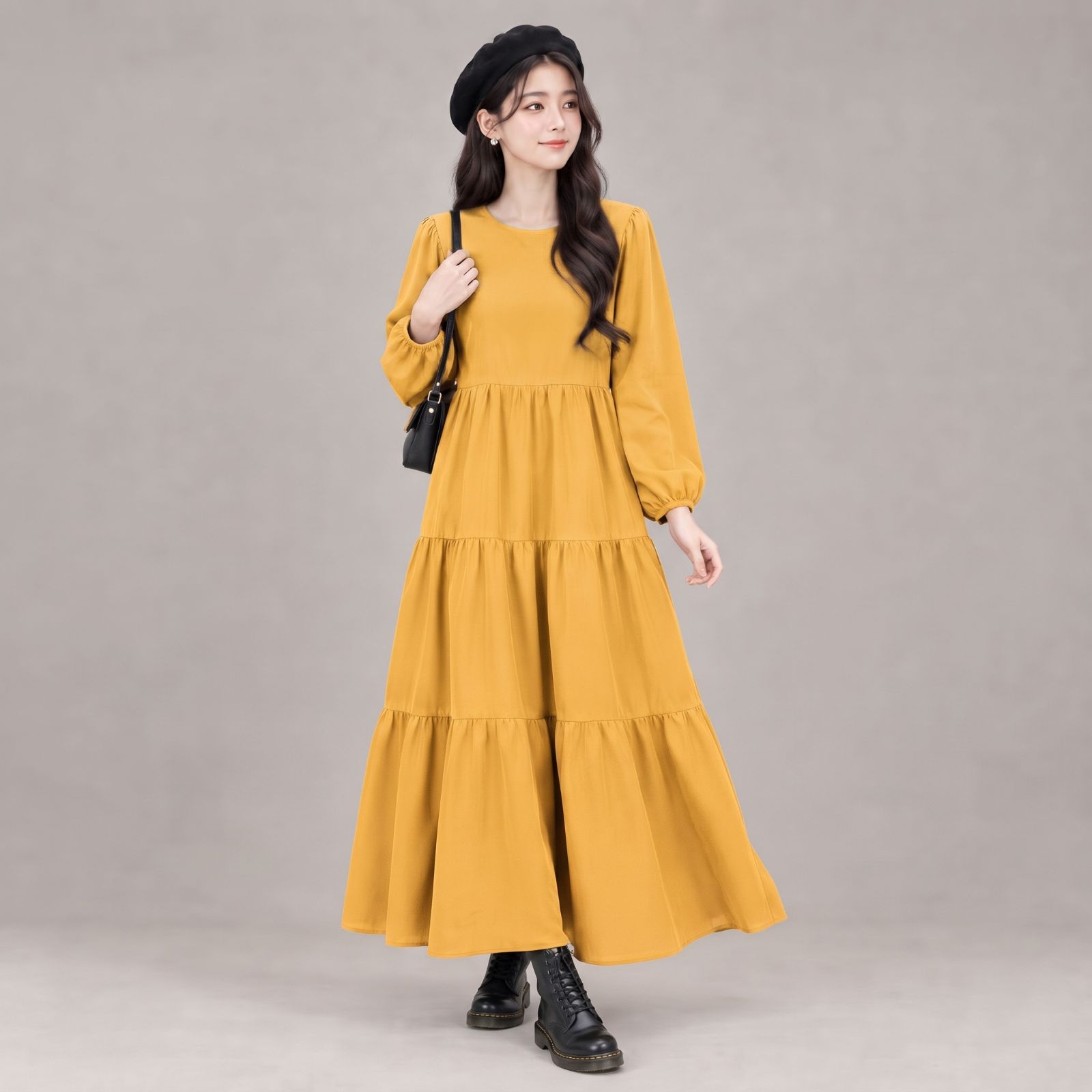 Raisa Long Sleeve Tier Dress Rayon - Korean Dress LEMON