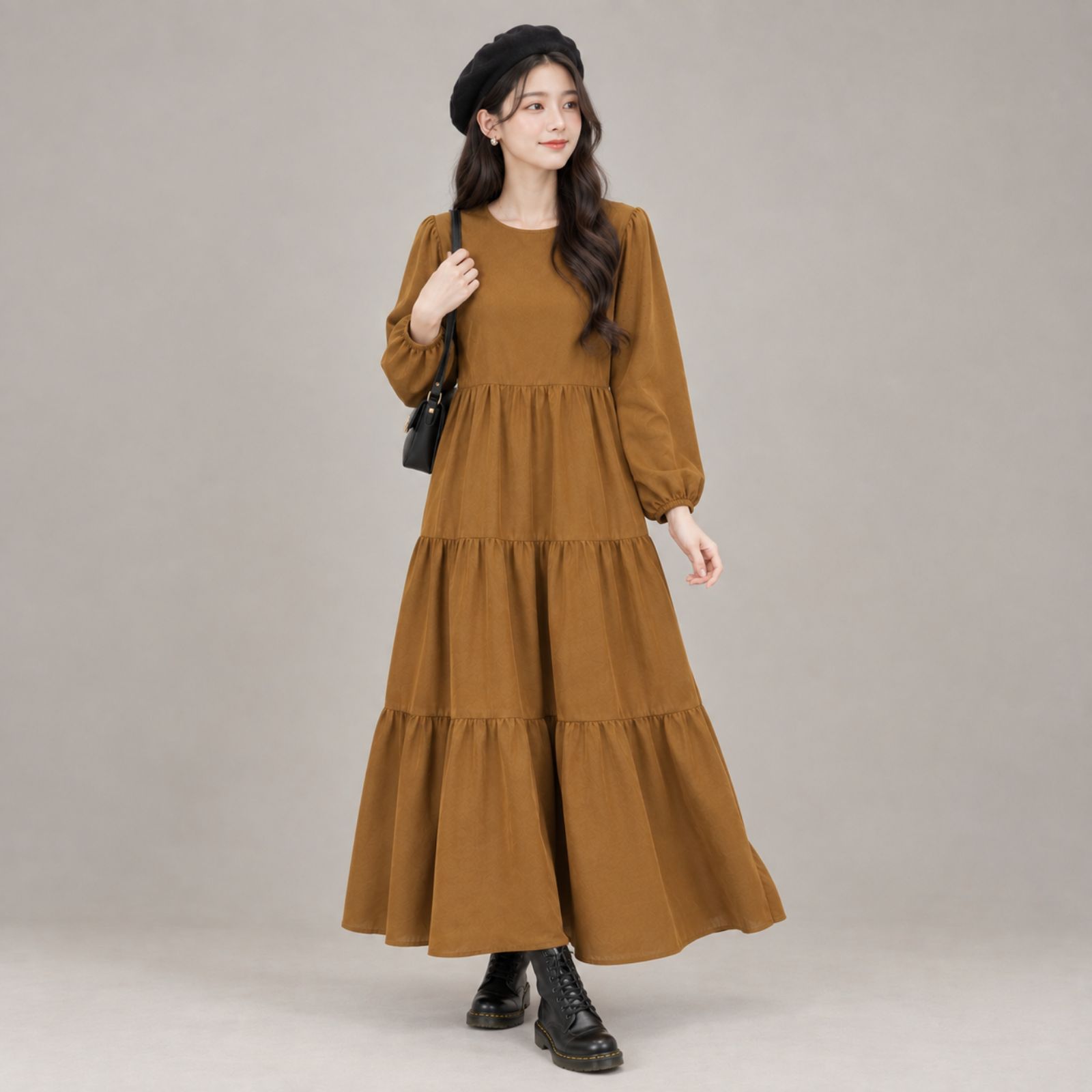 Raisa Long Sleeve Tier Dress Rayon - Korean Dress BROWN