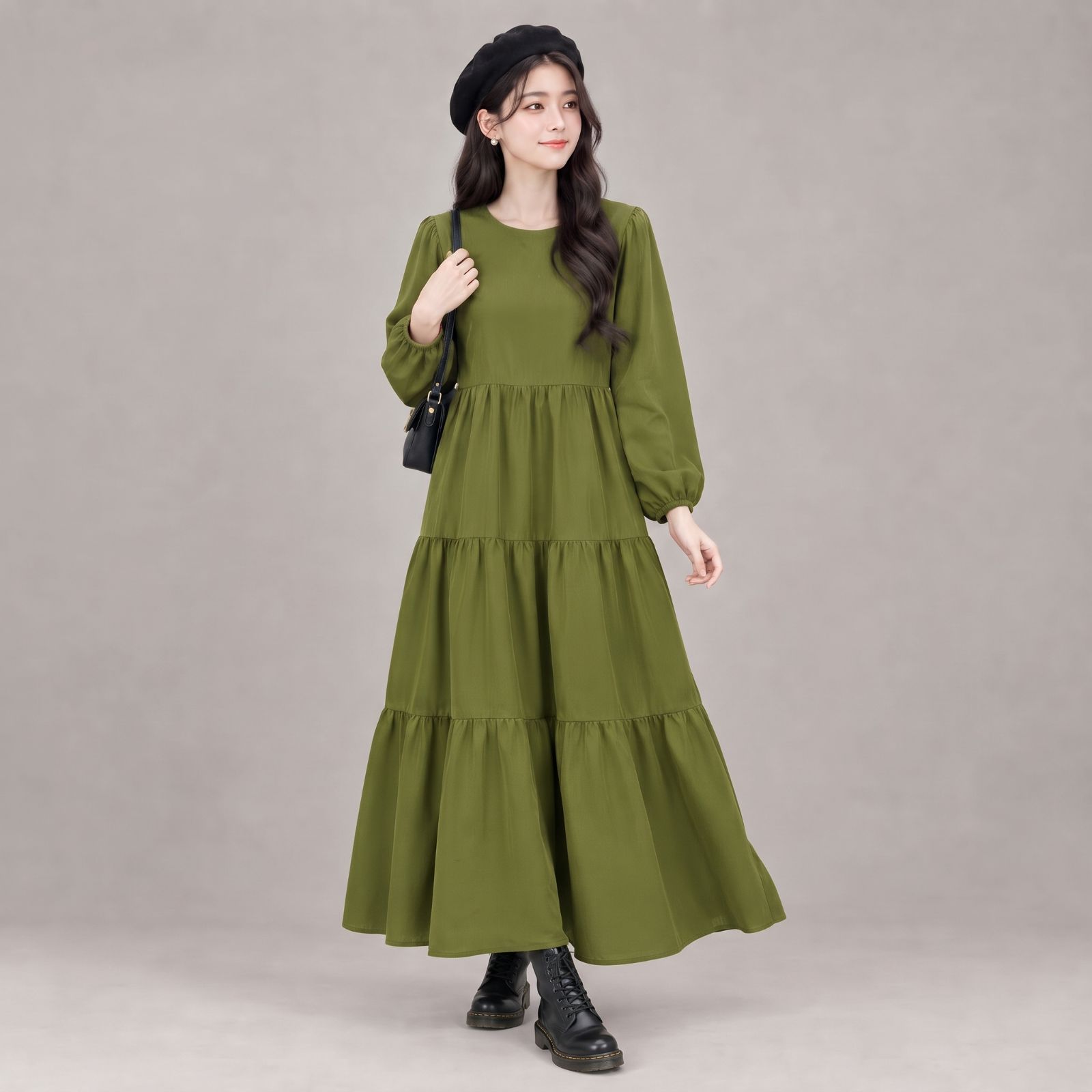 Raisa Long Sleeve Tier Dress Rayon - Korean Dress ARMY