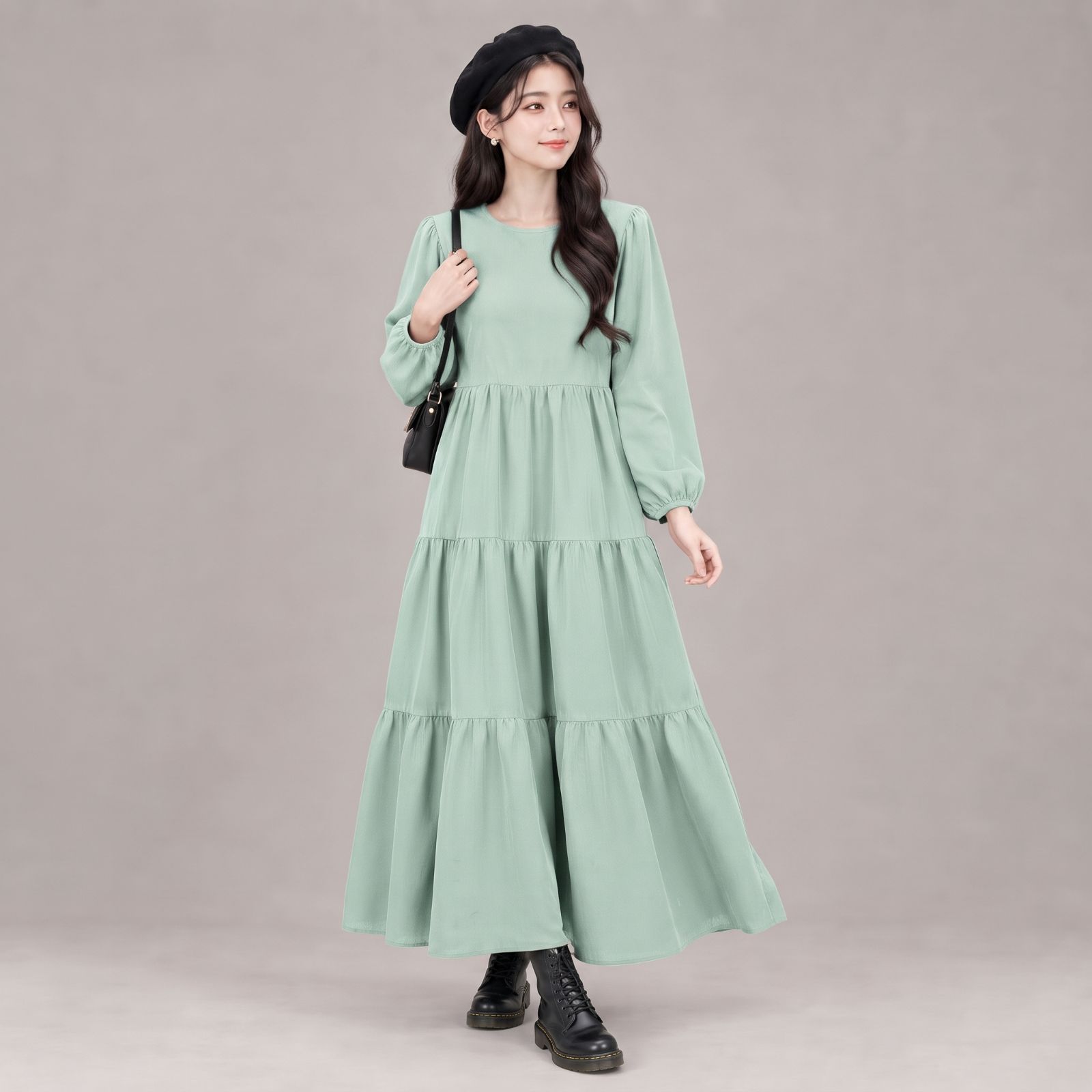 Raisa Long Sleeve Tier Dress Rayon - Korean Dress MATCHA