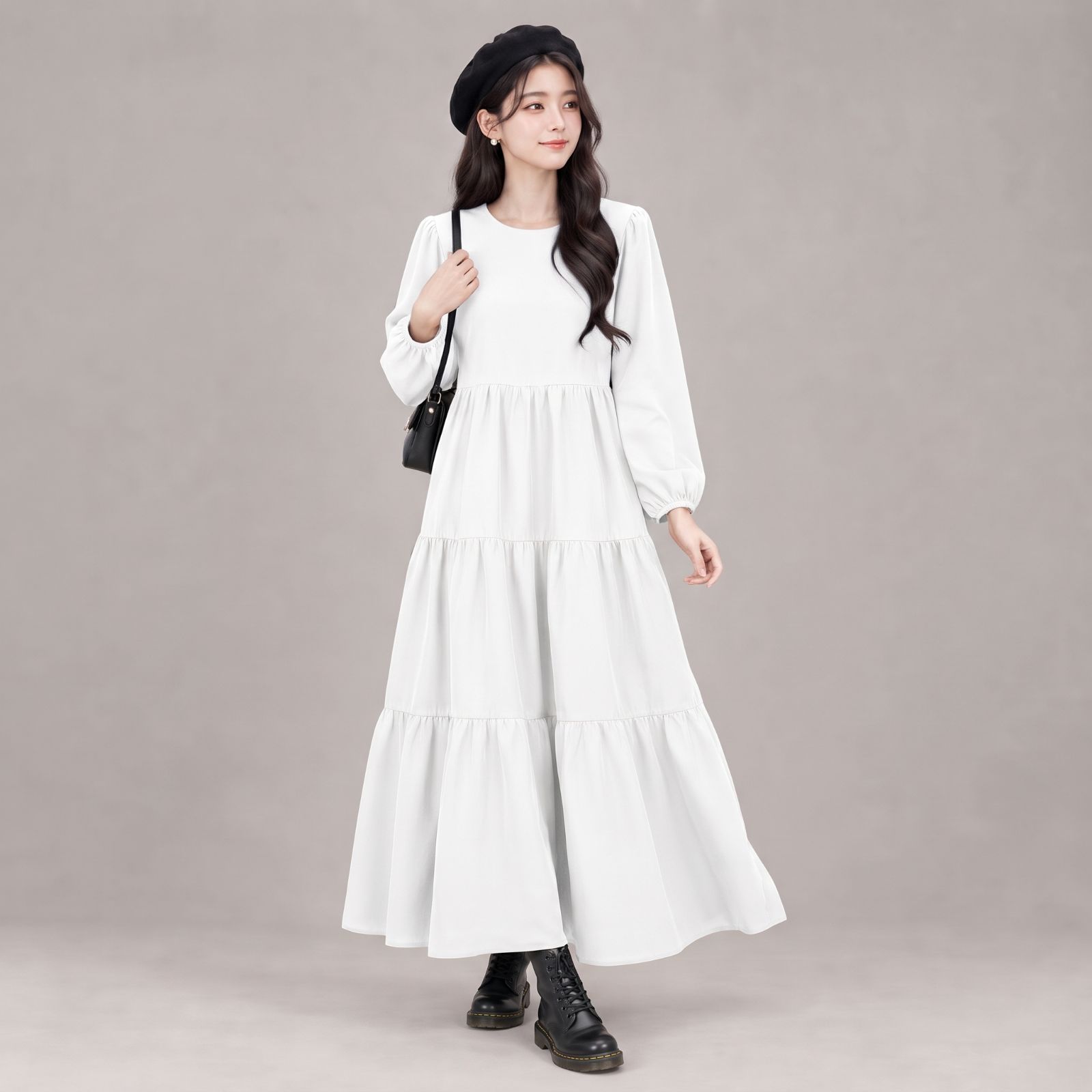 Raisa Long Sleeve Tier Dress Rayon - Korean Dress PUTIH BROKEN WHITE