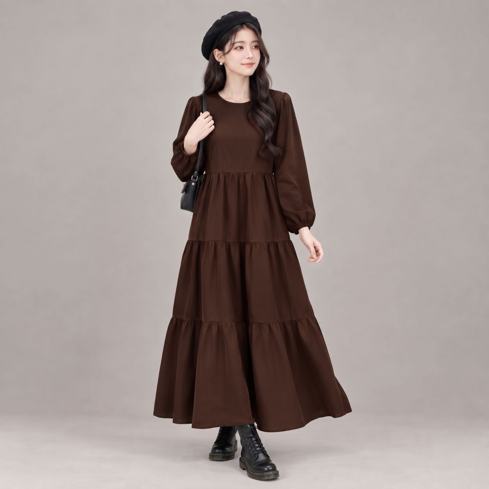 Raisa Long Sleeve Tier Dress Rayon - Korean Dress LATTE
