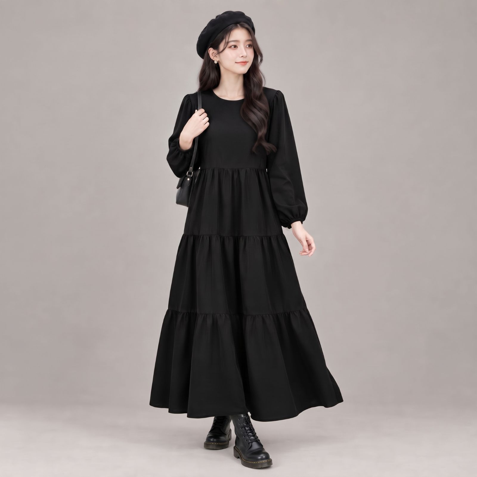 Raisa Long Sleeve Tier Dress Rayon - Korean Dress BLACK