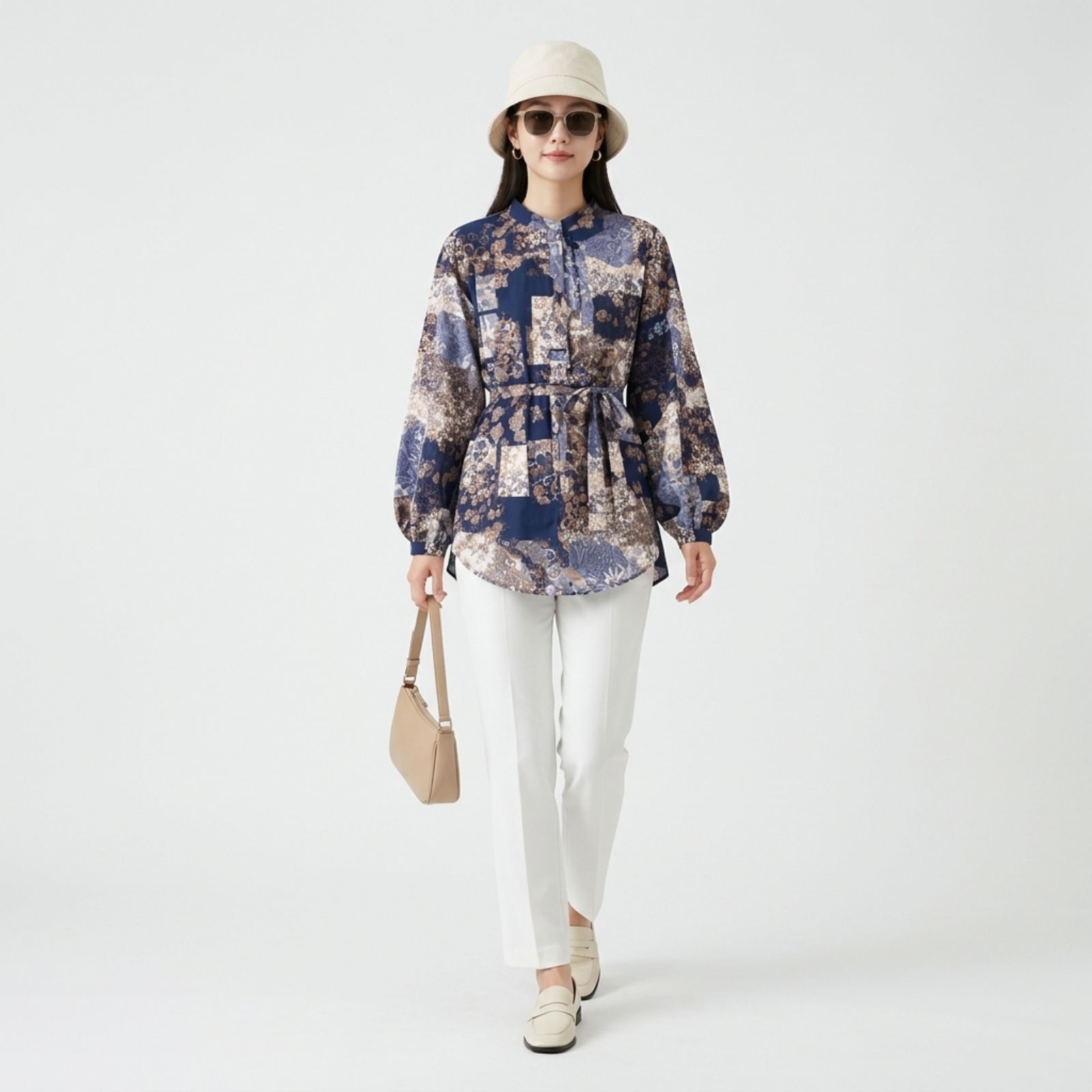 BLOUSE SERUT MOTIF LENGAN BALON | BLOUSE WANITA BLUE