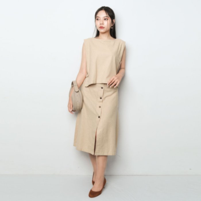 Linen Sleeveless Top and Midi Skirt Set - Button Accents