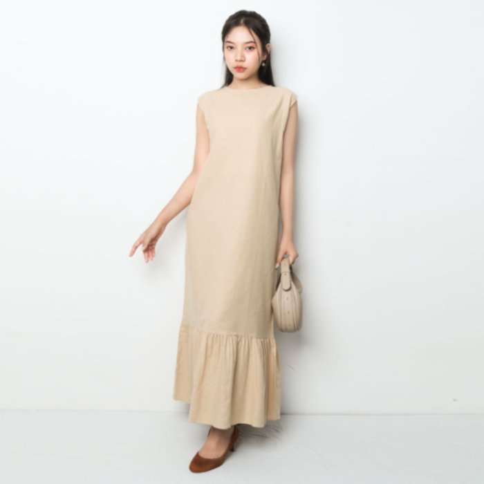 Women's Long Sleeveless Dress with Pleated Bottom and Straight Cut Linen