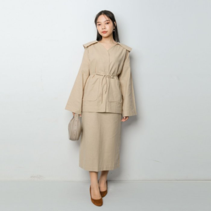 Women's Work Clothes Set Made of Linen, Oversized Blouse and Midi Skirt