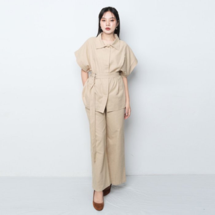 Linen Top and Culottes Set: Oversized Short Sleeve, Wide Leg