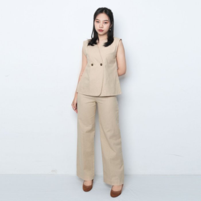 Women's Sleeveless one-piece Dress with Front Buttons and Straight-leg Trousers made of Linen