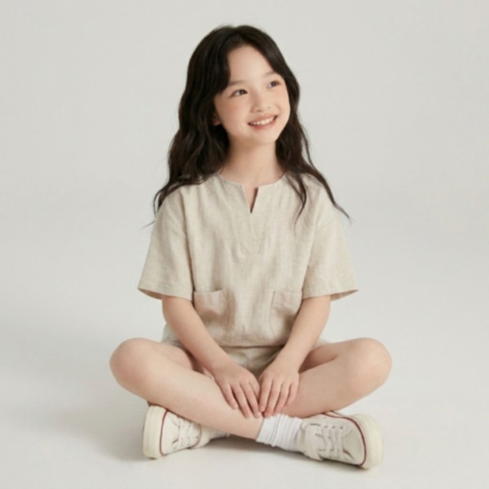 Setelan Anak Perempuan Atasan Oversize dan Celana Pendek Bahan Linen | Oneset Linen Oversize Blouse and Short Pants