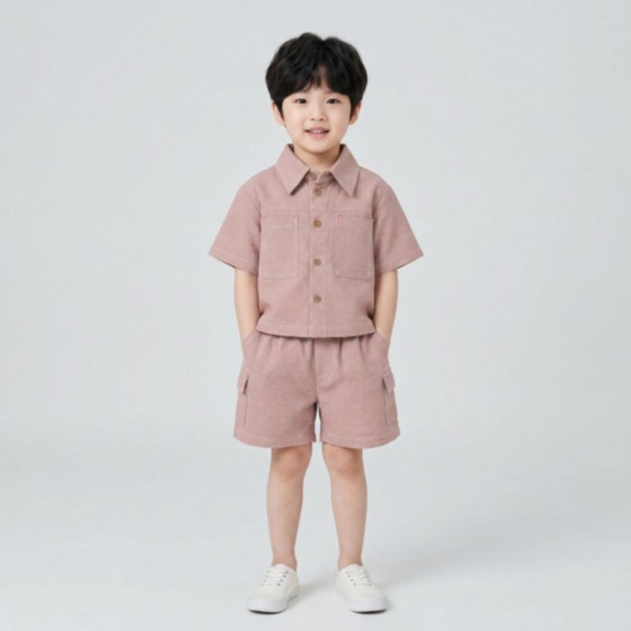 Setelan / Oneset Kemeja Linen Anak Laki-Laki Lengan Pendek Saku Kanan Kiri