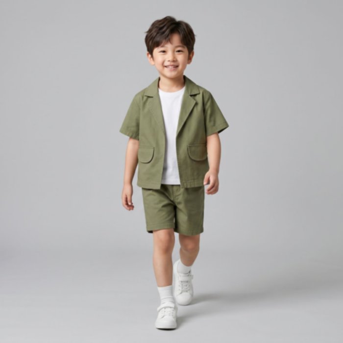 Setelan Outer Blazer Celana Anak Laki-Laki Lengan Pendek Bahan Katun